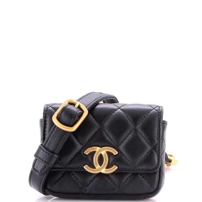 Chanel Lacquered Metal CC Flap Card Holder Belt Bag Quilted Lambskin: Condition: Pre-owned - Good,Brand: Chanel,Exterior Material: Leather,Style: Belt Bag,Exterior Color: Black,Department: Women,Size: Unknown,Accessories: Dust Bag, Authenticity Card, With Strap Conditio