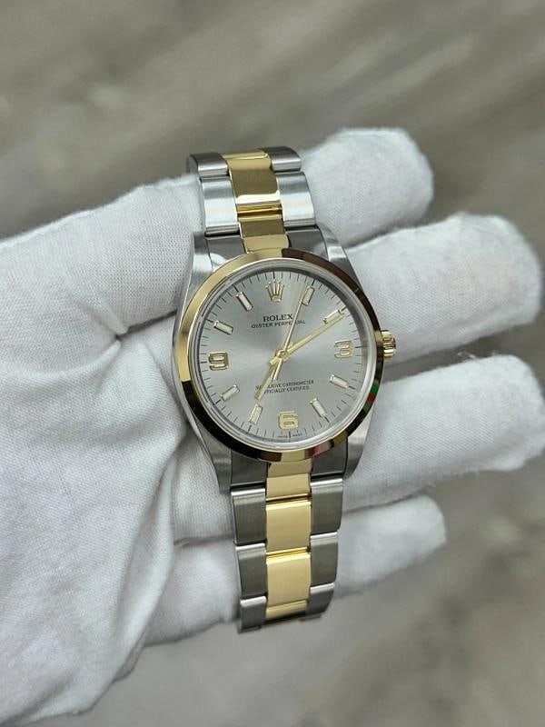 2002 Rolex Oyster Perpetual 14203 34mm Silver Dial 18k Yellow Gold Steel - 6