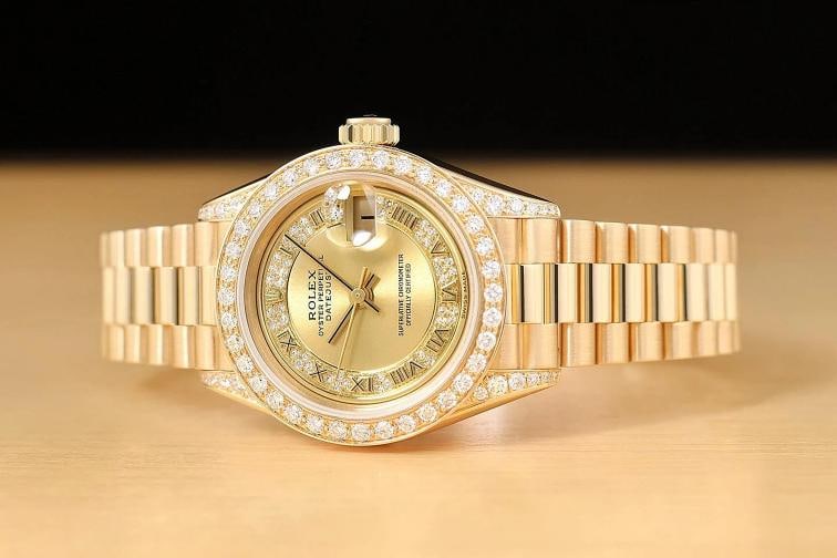 ROLEX PRESIDENT 69178 CHAMPAGNE ROMAN FACTORY MYRIAD DIAMOND 18K GOLD WATCH - 2