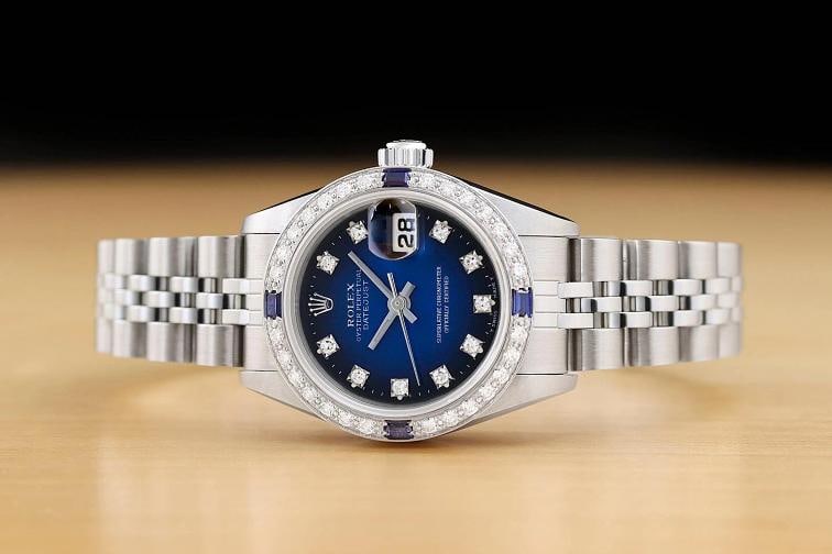 ROLEX DATEJUST 69174 18K WHITE GOLD STEEL BLUE VIGNETTE DIAMOND SAPPHIRE WATCH - 3