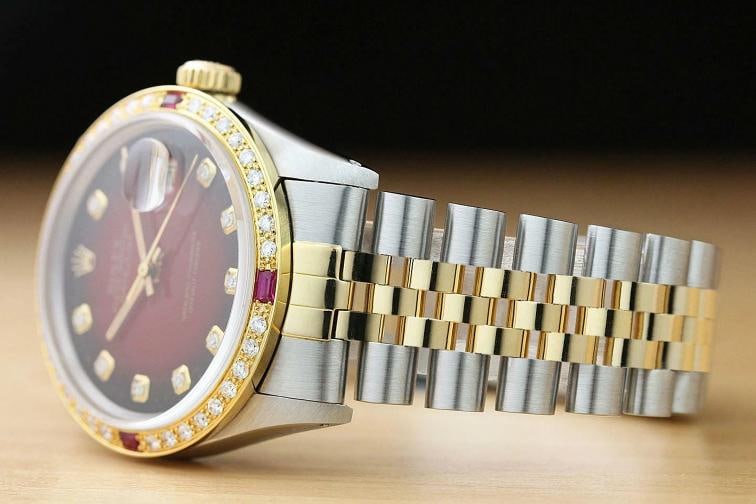 ROLEX MENS DATEJUST 16013 RED VIGNETTE 18K YELLOW GOLD RUBY DIAMOND STEEL WATCH - 4