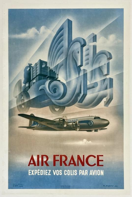 Original Vintage Poster AIR FRANCE - COLIS PAR AVION Airline 13" x 20"LINEN RARE: Condition: Used,Type: Poster,Airline: Air France,Country of Origin: France,Modified Item: No Condition: Very Good * (linen backed; there is restored edge wear, losses, and surface scuffs, most