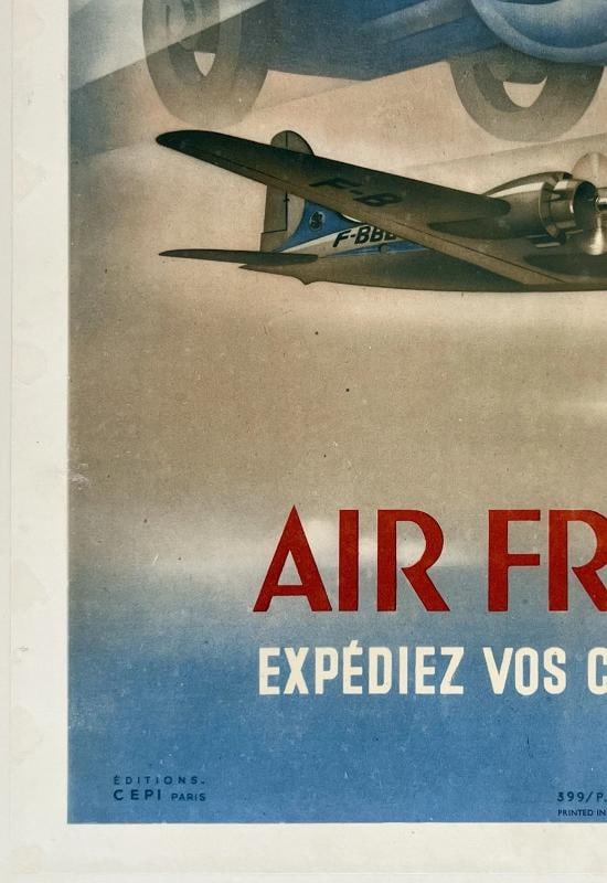 Original Vintage Poster AIR FRANCE - COLIS PAR AVION Airline 13" x 20"LINEN RARE - 4