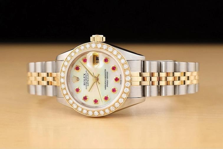 ROLEX LADIES DATEJUST 69173 MOTHER OF PEARL RUBY DIAMOND 18K GOLD STEEL WATCH - 2