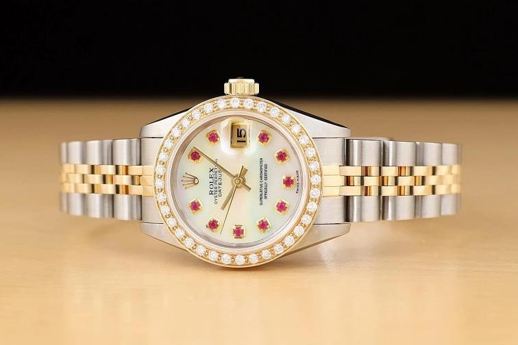 ROLEX LADIES DATEJUST 69173 MOTHER OF PEARL RUBY DIAMOND 18K GOLD STEEL WATCH - 3