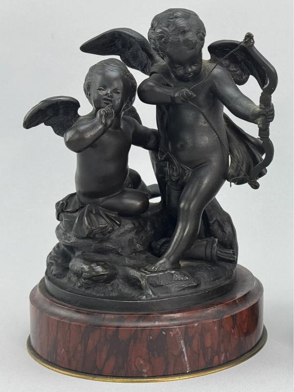 Superb Pair c1860s French Sevres Bronze Putti Cherub Statues w Red Marble Bases - 2