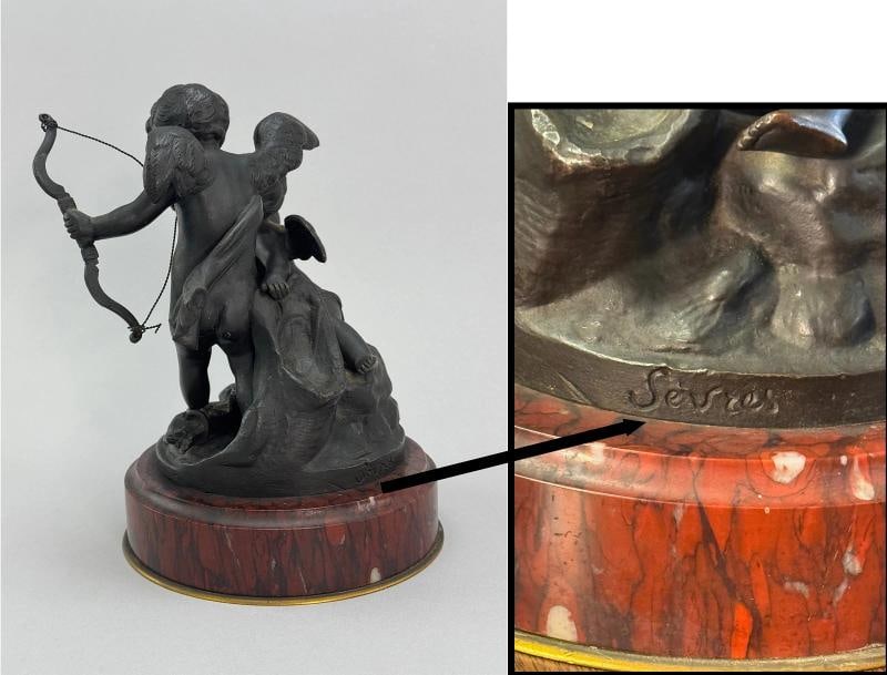 Superb Pair c1860s French Sevres Bronze Putti Cherub Statues w Red Marble Bases - 4