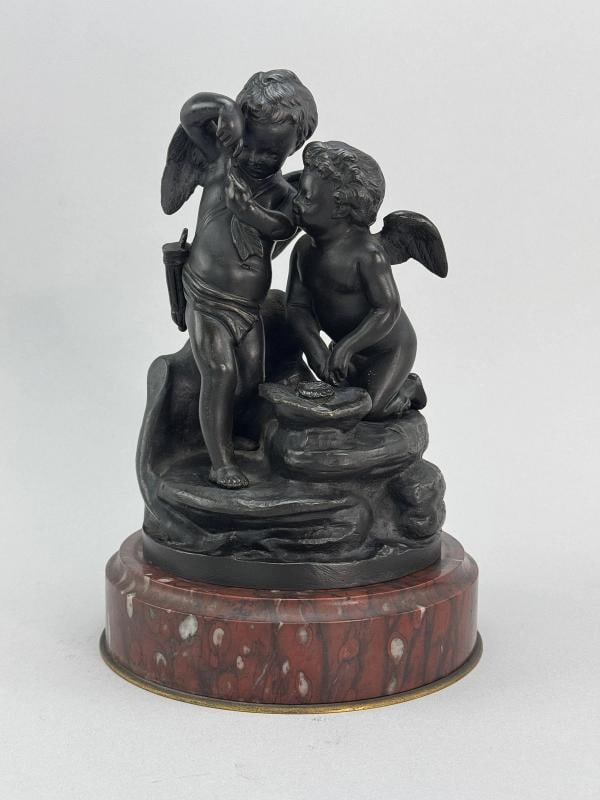 Superb Pair c1860s French Sevres Bronze Putti Cherub Statues w Red Marble Bases - 6
