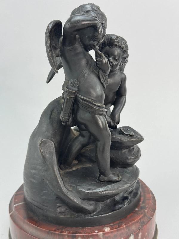 Superb Pair c1860s French Sevres Bronze Putti Cherub Statues w Red Marble Bases - 7