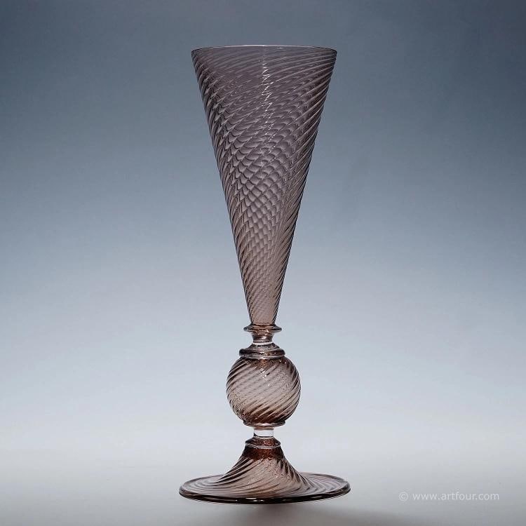 Vetro Soffiato Glass Vase, Venini Murano ca. 1950s: Condition: Used,Brand: ArtGlass,Type: Vase,Country of Origin: Italy A 'Vetro Soffiato' (blown glass) glass vase in turned amethyst colored murano glass, probably designed by Vittorio Zecchin or