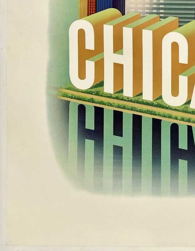 Original Vintage Poster CHICAGO AMERICAN AIRLINES Airline Travel Tourism LINEN - 4