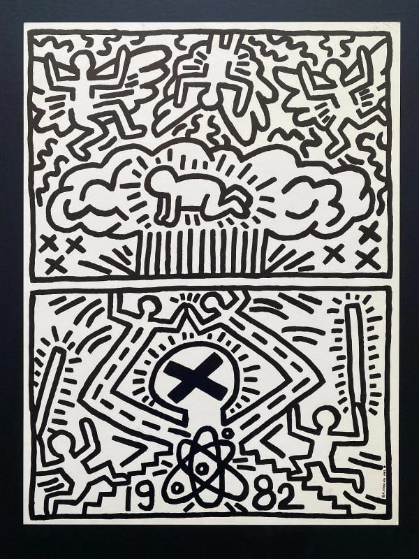 KEITH HARING RARE 1982 LITHO PRINT " NUCLEAR DISARMAMENT " FRAMED POP ART POSTER - 2