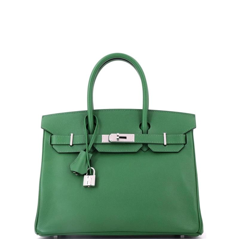 Hermes Birkin Handbag Green Epsom with Palladium Hardware 30: Condition: Pre-owned - Excellent,Brand: Hermes,Exterior Material: Leather,Style: Top Handle,Exterior Color: Green,Department: Women,Size: 30,Accessories: Lock, Keys, Dust Bag, Clochette Condition: