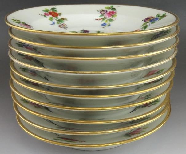 Great 10 Antique c1860s Colorful Floral Gilt Paris Porcelain Soup Bowls 8 1/2" - 6