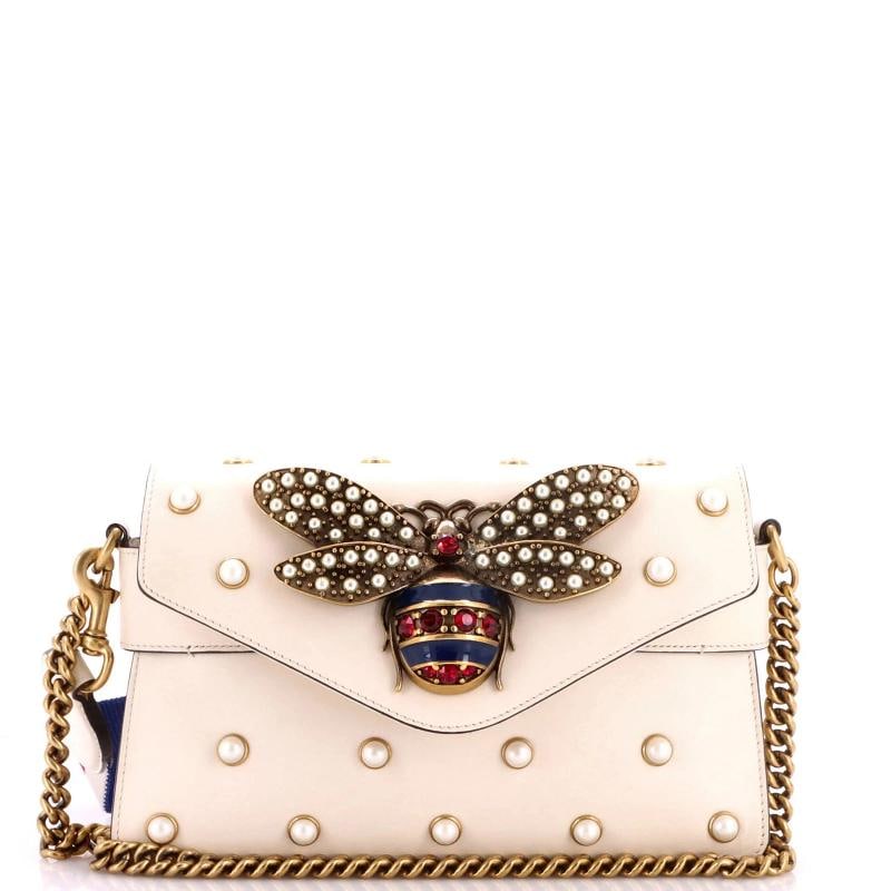 Gucci Broadway Pearly Bee Shoulder Bag Embellished Leather Mini: Accessories: With Strap Measurements: Handle Drop 10", Height 6", Width 10", Depth 2", Strap Drop 21". Condition: Pre-owned - Excellent,Brand: Gucci,Exterior Material: Leather,Style: Shoulder
