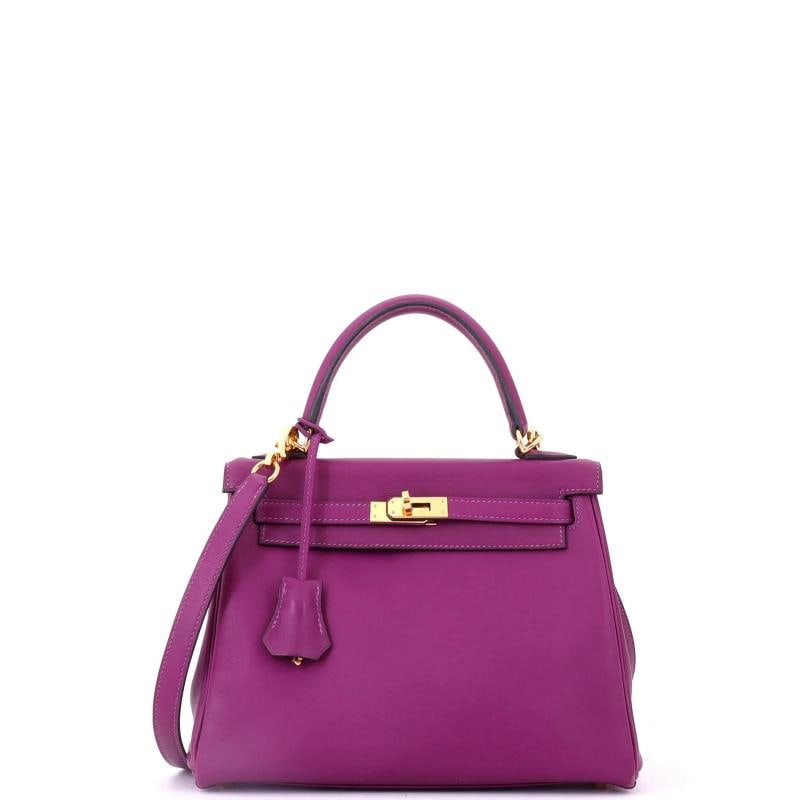 Hermes Kelly Handbag Purple Swift with Gold Hardware 25: Accessories: Dust Bag, Clochette, Keys, With Strap Measurements: Handle Drop 3", Height 8", Width 9", Depth 4", Strap Drop 17.5". Condition: Pre-owned - Good,Brand: Hermes,Exterior Material: