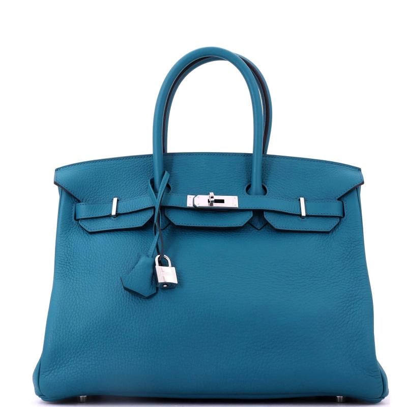 Hermes Birkin Handbag Blue Clemence with Palladium Hardware 35: Accessories: Dust Bag, Keys, Lock, Clochette Measurements: Handle Drop None", Height 10", Width 13.5", Depth 7", Strap Drop None". Condition: Pre-owned - Good,Brand: Hermes,Exterior Material: