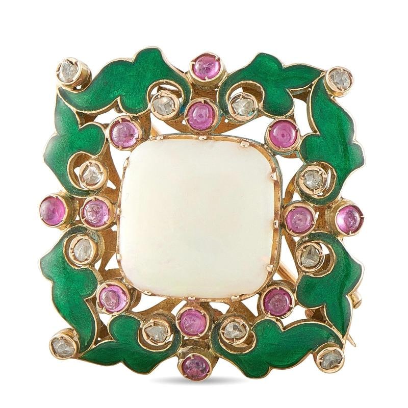 Antique 14K Rose Gold Diamond, Ruby, Enamel, and Opal Brooch Pin: weighs 14.6 grams total and measures approximately 1.25 by 1.25 inches.. Condition: Pre-owned - Good: This item has been gently used but is in good condition. It might have a few signs ... Read moreab