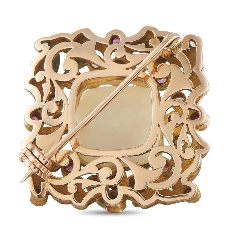 Antique 14K Rose Gold Diamond, Ruby, Enamel, and Opal Brooch Pin - 2