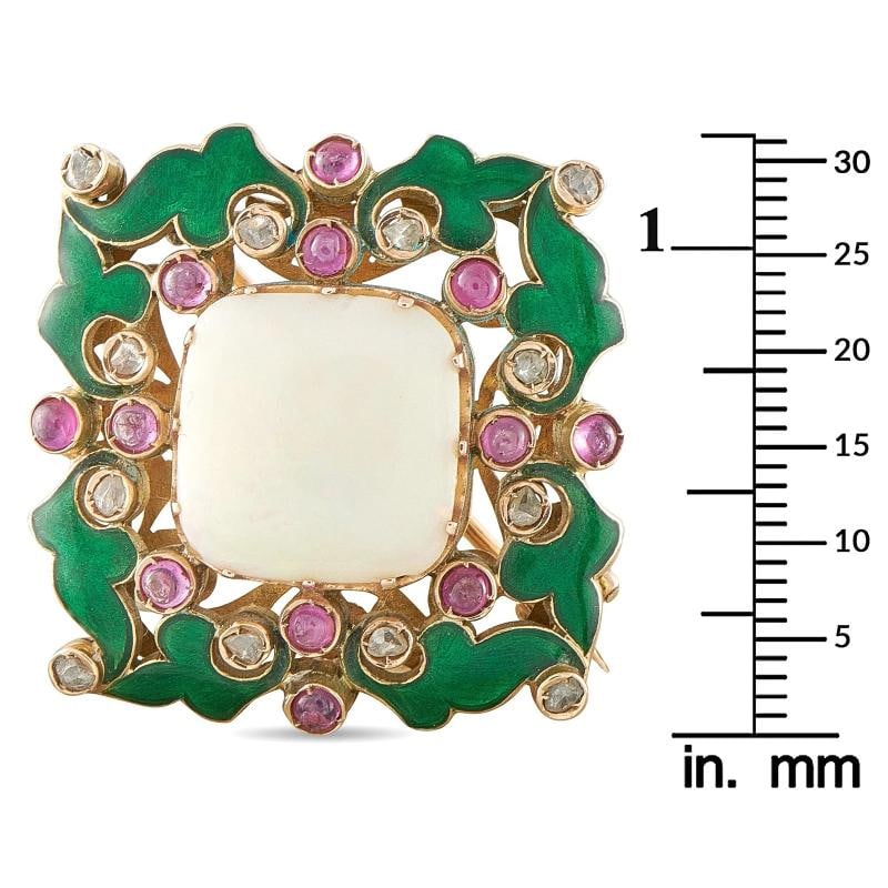 Antique 14K Rose Gold Diamond, Ruby, Enamel, and Opal Brooch Pin - 3