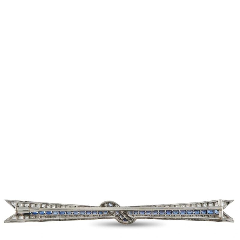 18K White Gold 2.10ct Diamond and Sapphire Art Deco Bow Brooch - 2