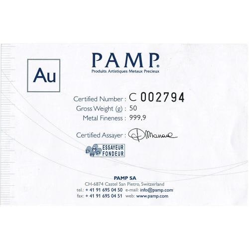 50 gram Gold Bar - PAMP Suisse - Poured - 999.9 Fine with Assay - 3