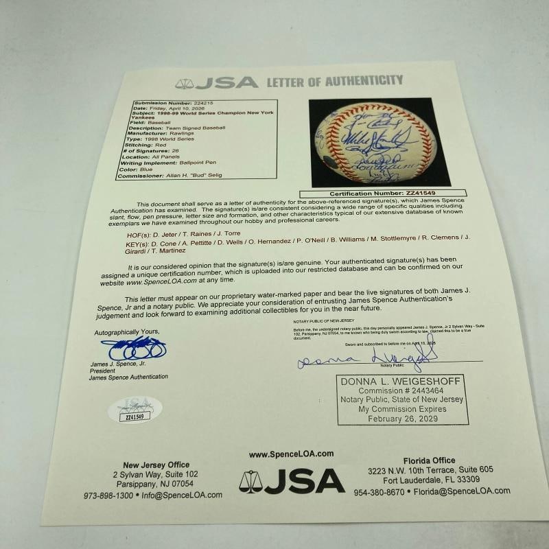 1998 New York Yankees World Series Champs Team Signed Baseball Jeter JSA COA - 6