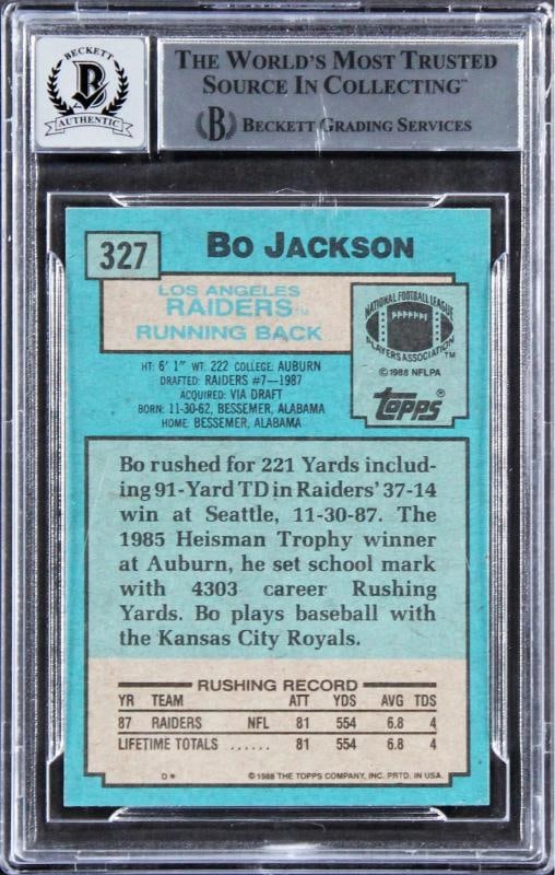 Raiders Bo Jackson Signed 1988 Topps #327 Rookie Card Auto 10! BAS Slabbed - 2