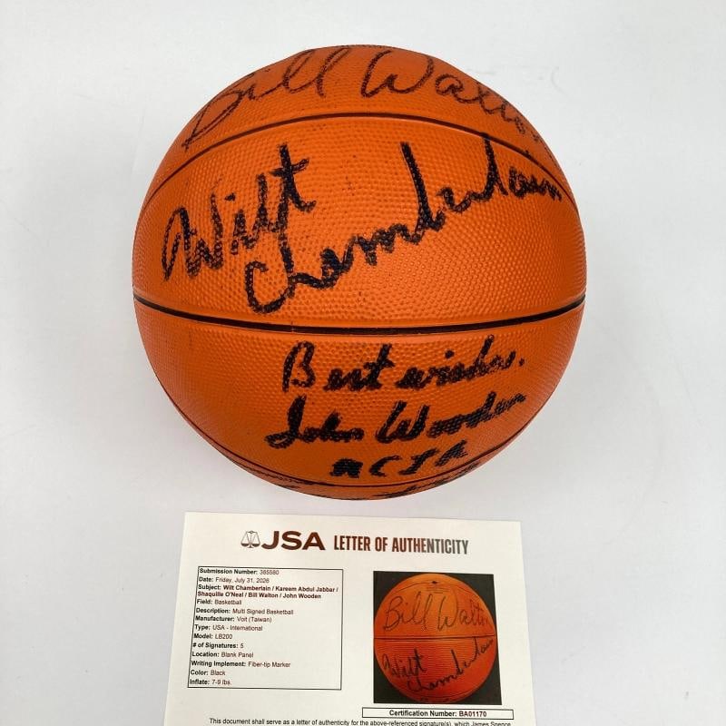 Wilt Chamberlain Abdul Jabbar Shaq Lakers Legends Signed Basketball JSA COA: Signed By Wilt Chamberlain, Kareem Abdul Jabbar, Shaq, John Wooden and Bill Walton. Sport: Basketball,Player: Wilt Chamberlain,Signed: Yes,Autograph Authentication: James Spence Authentication (JSA),O