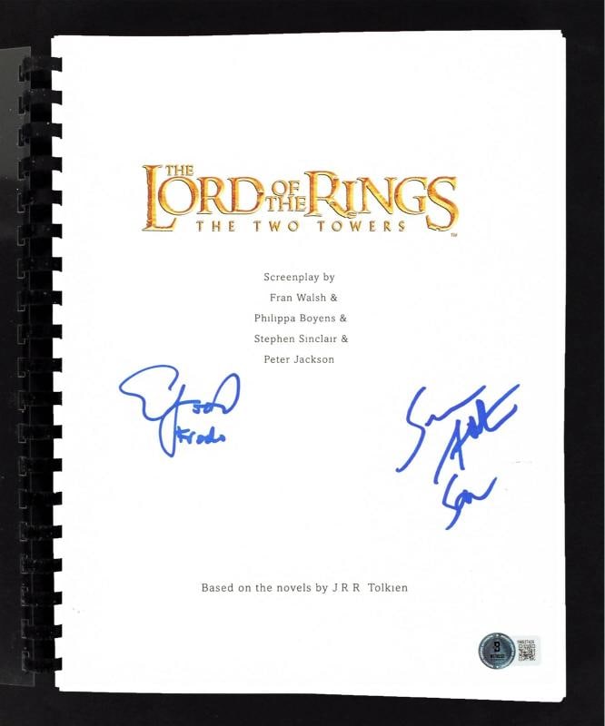 Elijah Wood & Sean Astin Lord of the Rings Two Towers Signed Movie Script BAS W - 3