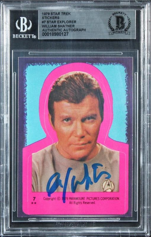 William Shatner Signed 1979 Star Trek Stickers #7 Star Explorer Card BAS Slabbed: Industry: Movies,Original/Reproduction: Original,Autograph Authentication: Beckett,PRODUCT_COA: Beckett,PRODUCT_SIGNED_BY_NAME: William Shatner,PRODUCT_SIGNED_BY_BRAND: Star Trek,Country of Origin: