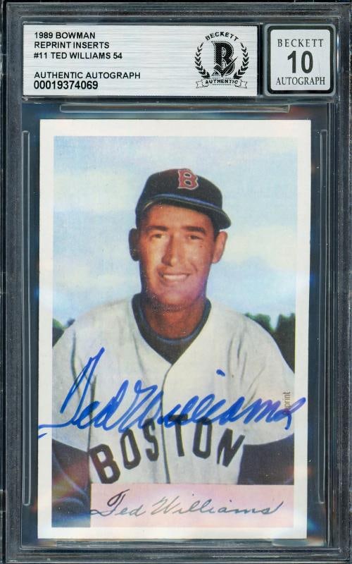 Ted Williams Signed 1989 Bowman Card #11 (BGS 10 Auto): Condition: Graded - BGS Authentic: Professionally graded,Sport: Baseball,Product: Card,Object Type: Trading Card,Player/Athlete: Ted Williams,Team: Boston Red Sox,Signed By: Ted Williams,Autographed: