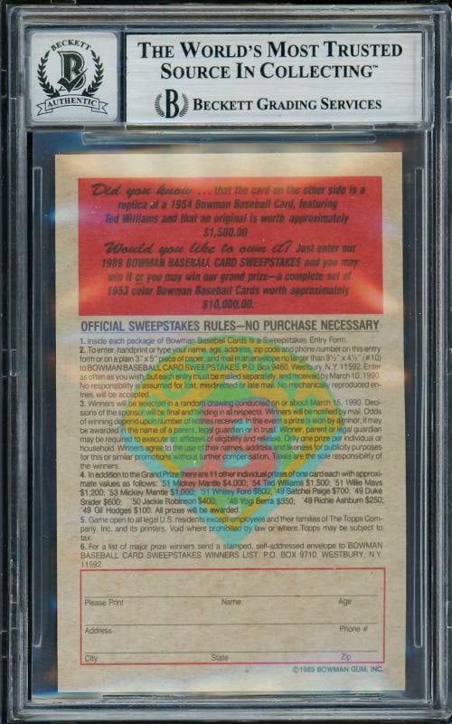 Ted Williams Signed 1989 Bowman Card #11 (BGS 10 Auto) - 2