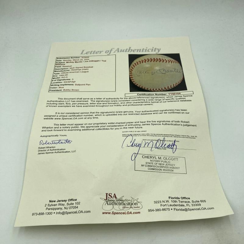 Mickey Mantle Joe Dimaggio Ted Williams Signed American League Baseball JSA COA - 6