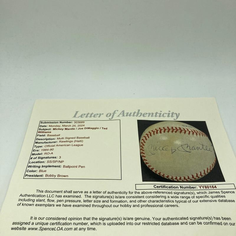 Mickey Mantle Joe Dimaggio Ted Williams Signed American League Baseball JSA COA - 7