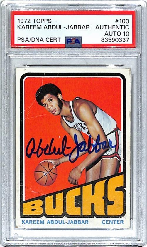 1972 Topps KAREEM ABDUL-JABBAR Signed Card #100 Auto Graded PSA/DNA 10 Slabbed: Condition: Graded - PSA Authentic: Professionally graded,Country of Origin: United States,Card Size: Standard,Autographed: Yes,League: National Basketball Association (NBA),Set: 1972 Topps,Autograph