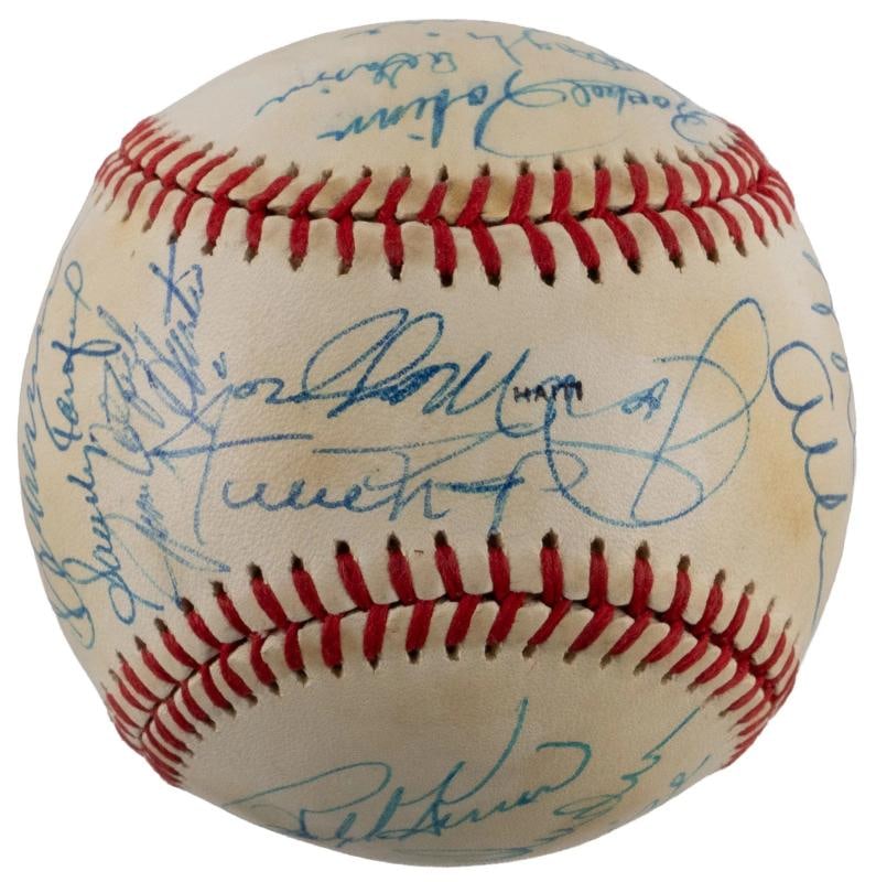 Joe DiMaggio Ted Williams Willie Mays Sandy Koufax HOF Signed Baseball JSA COA: s (22) signatures including hard hitting heroes like Mays, Williams, DiMaggio and Aaron. The unique baseball includes (2) broadcasters, an executive, as well as Rachel Robinson, the widow of Jackie Ro