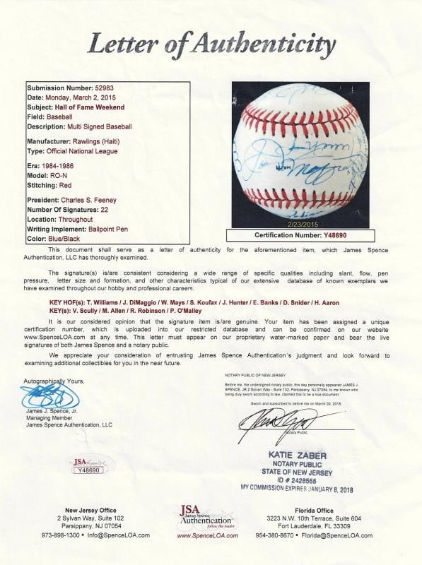 Joe DiMaggio Ted Williams Willie Mays Sandy Koufax HOF Signed Baseball JSA COA - 7