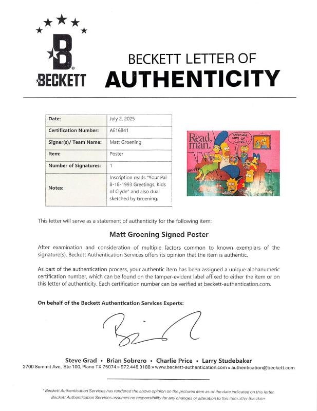 Matt Groening Simpsons Signed 22x31 Poster w/ Bart & Lisa Sketch (Beckett LOA) - 7