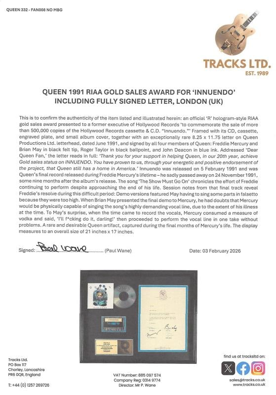 QUEEN: Freddie Mercury, John Deacon, Brian May & Roger Taylor Signed Custom Framed Letter From June - 5