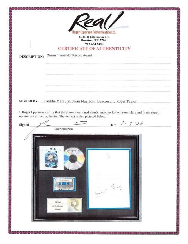QUEEN: Freddie Mercury, John Deacon, Brian May & Roger Taylor Signed Custom Framed Letter From June - 6