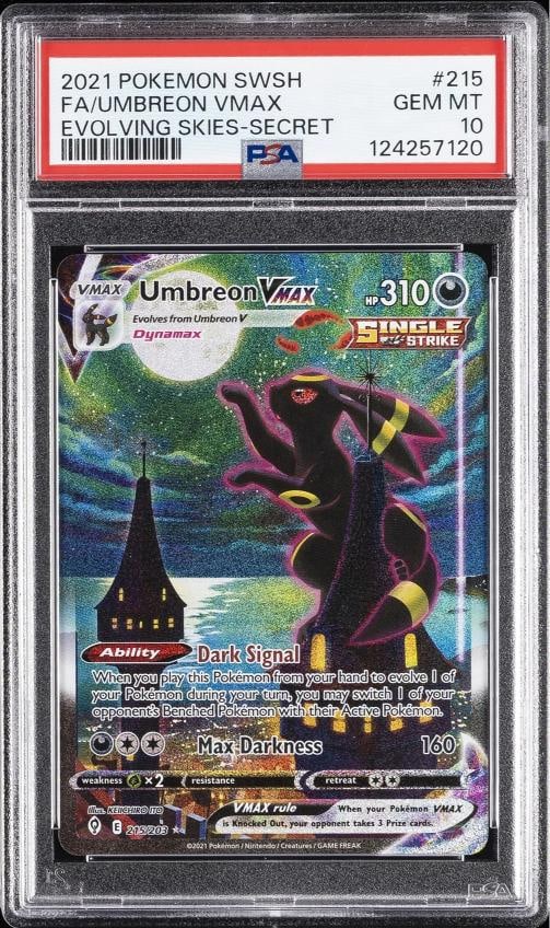 2021 POKEMON SWORD & SHIELD EVOLVING SKIES SECRET FULL ART/UMBREON VMAX PSA 10: Condition: Graded - PSA 10: Professionally graded,Graded: Yes,Set: 2021 POKEMON SWORD & SHIELD EVOLVING SKIES,Game: PokÃƒÂ©mon TCG,Character: FULL ART/UMBREON VMAX,Card Name: FULL