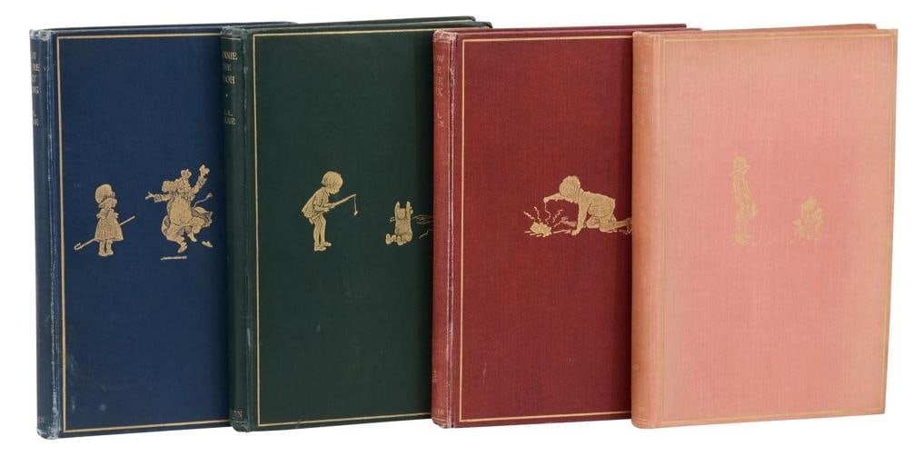 First British trade editions, first printings of all four books London: Methuen & Co., 1924, 1926,: Author: Milne, A. A.; E. H. Shepard [Illustrations,Country of Origin: United States of America,Publisher: Methuen & Co,Year Printed: 1928,Special Attributes: 1st Edition, Signed,Binding: Hardcover,Ori