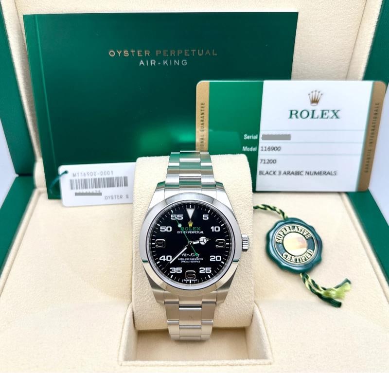 Rolex Air King 116900 40mm Black Dial Stainless Steel Box Paper 2017: Style Number: 116900 Year: 2017 Model: Rolex Air King Case Material: Stainless Steel Band: Stainless Steel Bezel: Stainless Steel Dial: Black Crystal: Sapphire Case Size: 40mm Includes: - Rolex Box &