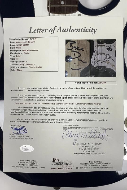 IRON MAIDEN: Bruce Dickinson, Janick Gers, Nicko McBrain, Steve Harris & Dave Murray Signed Guita... - 10