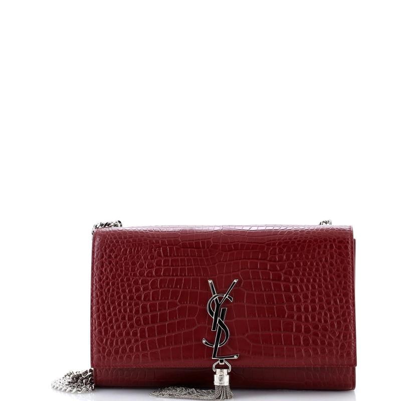Saint Laurent Classic Monogram Tassel Crossbody Bag Crocodile Embossed Leather: Measurements: Handle Drop 10", Height 6", Width 9", Depth 2", Strap Drop 19" . Condition: Pre-owned - Excellent,Brand: Saint Laurent,Exterior Material: Leather,Style: Cross Body Bags,Exterior Color: