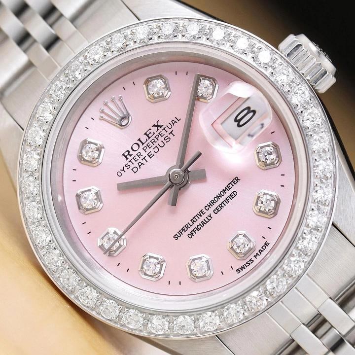 ROLEX LADIES DATEJUST 69174 PINK DIAL 18K GOLD SS DIAMOND WATCH w/ ROLEX BAND: Condition: Pre-owned - Excellent,Bezel Color: Silver,Max Wrist Size: 6.26-6.75 in,Number of Jewels: 29 Jewels,Indices: Diamond Markers, 12-Hour Dial,Band: Rolex Stainless Steel Jubilee Bracelet,Bezel: