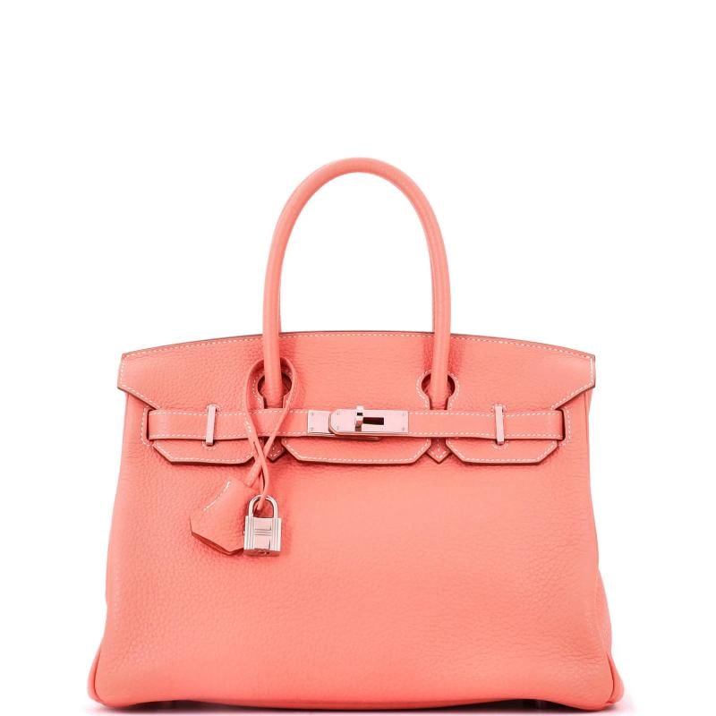 Hermes Birkin Handbag Pink Clemence with Palladium Hardware 30: Accessories: Dust Bag, Lock, Keys, Clochette Measurements: Handle Drop 4.5", Height 9", Width 12", Depth 6", Strap Drop None". Condition: Pre-owned - Good,Brand: Hermes,Exterior Material: Leather,Styl