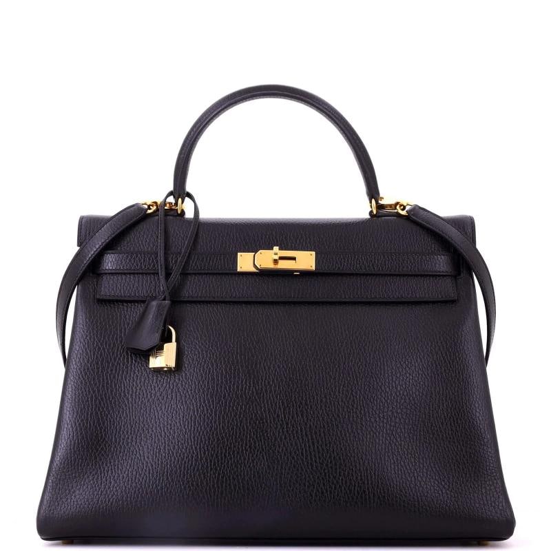 Hermes Kelly Handbag Black Ardennes with Gold Hardware 35: Accessories: Clochette, Lock, Keys, With Strap Measurements: Height 10", Width 13.5", Depth 5". Condition: Pre-owned - Good,Brand: Hermes,Exterior Material: Leather,Style: Top Handle,Exterior Color: