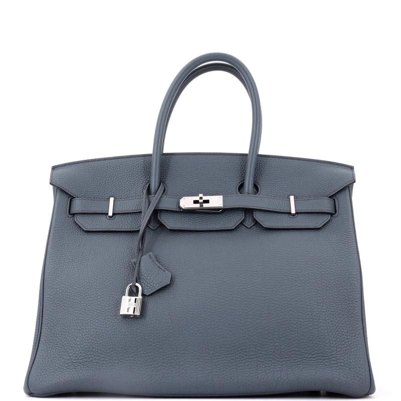 Hermes Birkin Handbag Blue Togo with Palladium Hardware 35: Accessories: Keys, Clochette, Lock Measurements: Handle Drop None", Height 10", Width 13.5", Depth 7", Strap Drop None". Condition: Pre-owned - Good,Brand: Hermes,Exterior Material: Leather,Style: